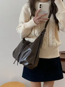 Borsa a tracolla slouchy rétro da donna, borsa marrone scuro in pelle PU di grande capacità.