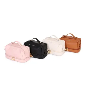Large capacity PU makeup bag, multi-layer waterproof travel cosmetic storage organizer for women.
