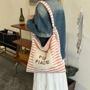 Women's Plush Tote Bag Large Capacity Casual Cute Embroidered Shoulder Bag Striped Fluffy Handbag Daily Purse