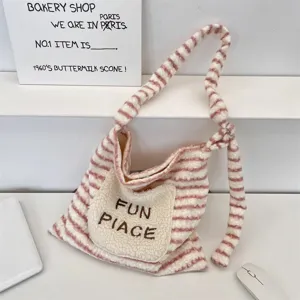Cute striped plush tote bag with front pocket, large capacity casual shoulder bag for women