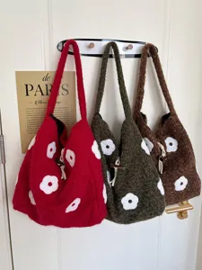 Plush flower embroidered shoulder tote bag autumn winter casual cute bucket bag for women