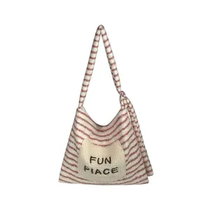 Pink striped plush tote bag, casual cute fuzzy shoulder bag with embroidered patch text.