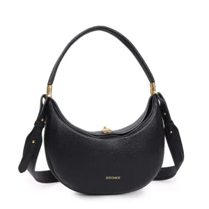 Detailed view of the black leather crescent shoulder bag, showing fine texture and hardware.