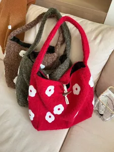 Plush fuzzy flower embroidered shoulder tote bag detail, soft autumn winter daily casual style