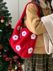 Cozy red plush flower embroidered bucket bag, casual fuzzy winter tote shoulder bag for women.