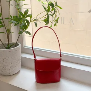 Korean glossy red bucket bag retro flap mini shoulder crossbody bag for women daily commute