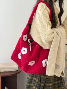 Korean plush flower embroidered tote bag autumn winter casual Mori style commuting bucket bag