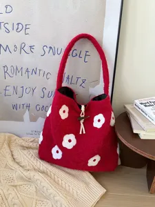 Red plush flower embroidered tote bag autumn winter cozy aesthetic casual shoulder bucket bag