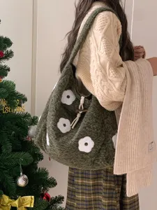 Green fluffy hobo shoulder bag with white flower embroidery, casual chic tote purse for women.