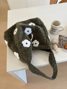 Green fuzzy knit tote bag with white 3D flower embroidery, casual cute winter handbag.