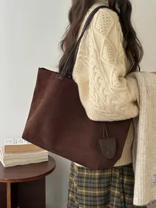 Brown suede tote bag for women, large capacity casual shoulder bag and commuter handbag.