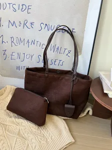 Brown suede tote bag and pouch set, large capacity casual shoulder bag for women autumn winter.