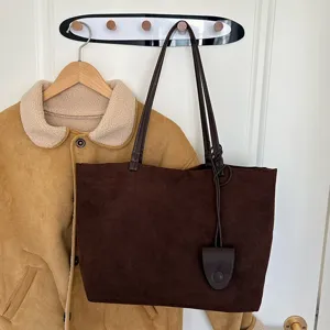 Vintage brown suede tote bag large capacity shoulder handbag for women casual commuter style