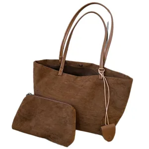 Autumn vintage suede large capacity mother-child tote bag casual shoulder handbag.