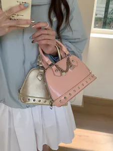 Mini patent leather dome handbag with chain and studs, stylish chic women shoulder bag.
