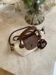 Chic mini handbag for women, contrast color crossbody shoulder bag with cute plush pendant.