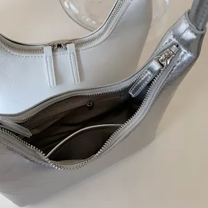 Korean minimalist metallic silver crescent underarm hobo bag soft leather PU shoulder handbag