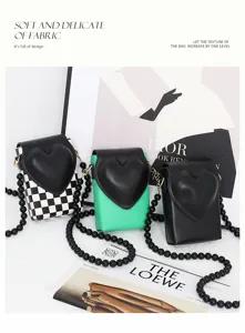 Mini Handytasche Umhängetasche mit 3D Herz Klappe und Perlenkette, stilvolles Design.
