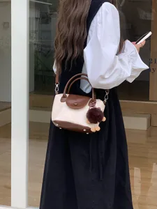Chic Canvas Leather Mini Handbag Women Crossbody Top Handle Bag With Cute Plush Pendant