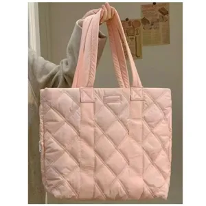 Pink quilted puffer tote bag for women, large capacity stylish casual shoulder bag for daily commuting.