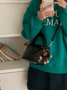 Black small handbag trendy crossbody shoulder bag with cute plush bear pendant detail