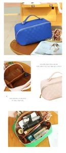 Detailed view of the stylish PU grid cosmetic travel bag showing spacious interior and compartments.