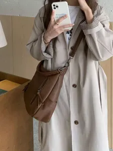 Vintage brown leather hobo shoulder bag detailed view, stylish women crossbody handbag