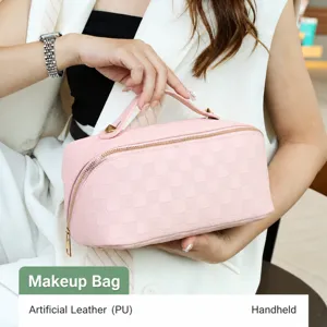 Large Capacity PU Leather Cosmetic Bag Waterproof Travel Toiletry Organizer Fashion Plaid Makeup Pouch With Handle For Women