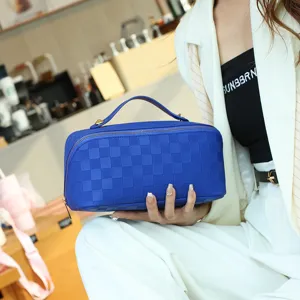 Blue PU checkered makeup bag large capacity toiletry organizer travel cosmetic bag for women