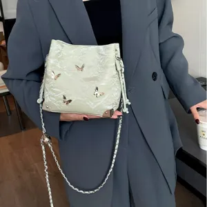 New Chinese Style 3D Butterfly Bucket Bag Silver Drawstring Crossbody Bag Metal Chain Decor Women Shoulder Bag PU Leather