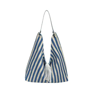 Blue and white striped canvas shoulder bag for women, ideal for casual summer commute.