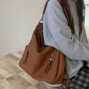 Vintage brown women shoulder tote bag casual soft pu leather crossbody hobo handbag for daily use