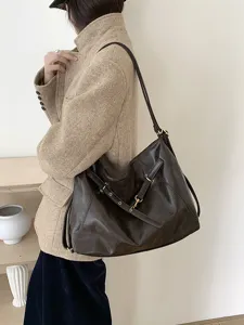 Retro soft leather hobo tote bag, large capacity slouchy shoulder bag for women daily commute.