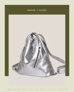Silver metallic slouchy backpack and tote bag for women, stylish large capacity commuter daily bag