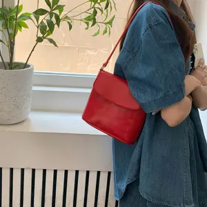 Korean style glossy red bucket bag retro flap casual shoulder crossbody mini bag for women