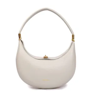 White crescent shoulder bag, stylish hobo purse with golden hardware for women daily commute.