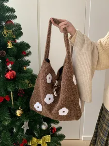 Brown fuzzy tote bag for women, cute winter flower embroidered shoulder handbag casual daily use.