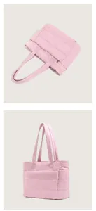 Pink quilted puffer tote bag detail view, showing soft padded texture and dual shoulder straps.