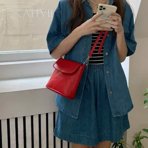 Korean style glossy red bucket bag retro flap crossbody mini bag for women daily commute.