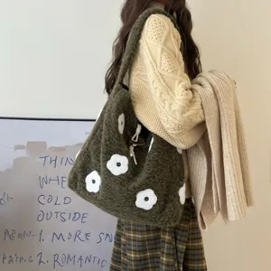 Fluffy floral embroidered tote bag, cozy winter shoulder bag for women, stylish bucket bag.