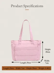 Pink quilted puffer tote bag minimalist casual lightweight shoulder handbag daily use.