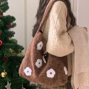 Brown fuzzy plush tote bag with white flower embroidery, cozy autumn winter shoulder bag.