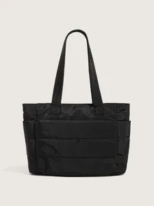 Black puffer tote bag for women, casual quilted shoulder bag with multiple compartments.