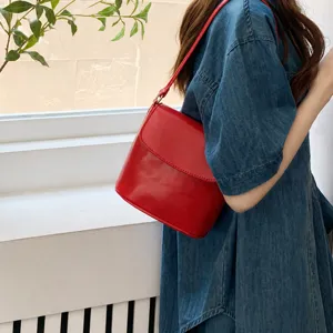 Korean shiny red bucket bag retro flap crossbody mini women bag casual commuting chic style
