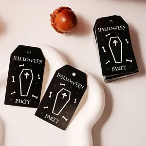 Halloween coffin paper tags set, black gothic gift hanging labels for party decor.