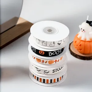Nastro in cotone di Halloween con motivi di fantasmi e zucche per confezioni regalo.