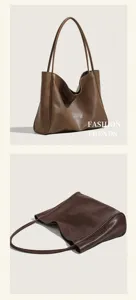 Retro brown soft leather tote bag, minimalist large capacity shoulder bag for women commuting.