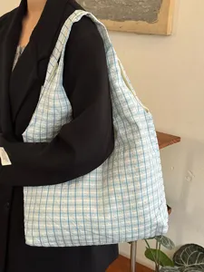 Japanese retro blue plaid canvas shoulder bag, large capacity casual tote bag for women daily use.