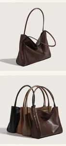 Minimalist soft leather tote bag details, relaxed commuting shoulder bag with large capacity.