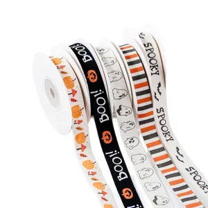 Nastro in cotone stampato di Halloween con zucche e fantasmi per pacchetti regalo.